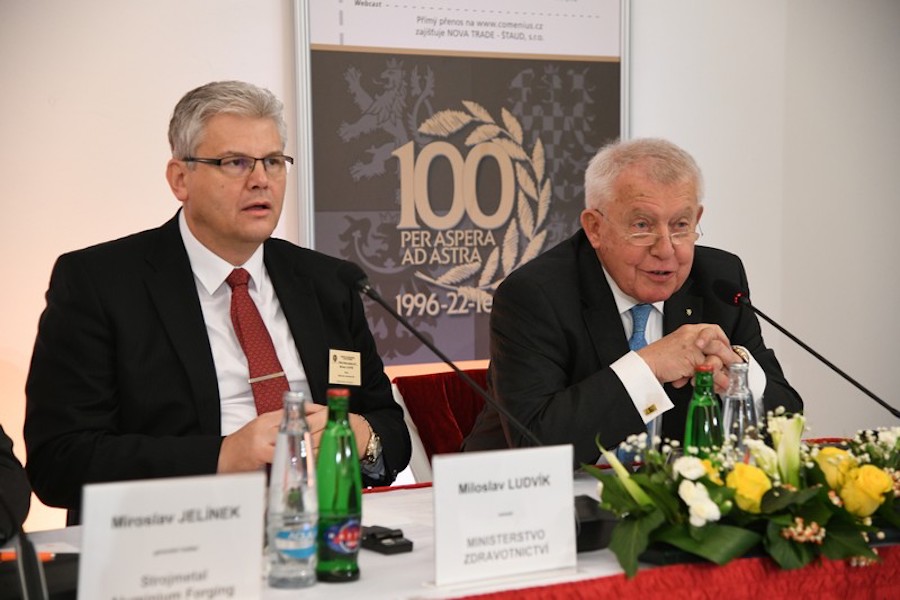 Czech business leaders Miroslav Jelinek and Miloslav Ludvik participate in a formal event, highlighting the country's entrepreneurial elite and economic influence.