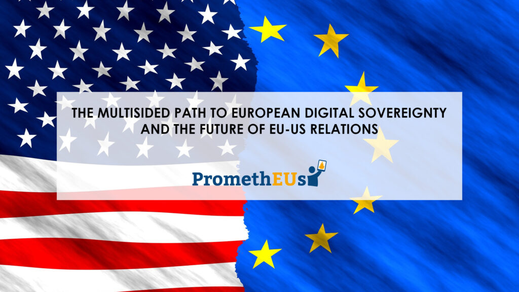 The image symbolizes the complex geopolitical and digital trade tensions between the United States and the European Union, as highlighted in the article on their digital sovereignty and relations.