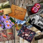 A curated collection of scenic and nostalgic photographs displayed on a rustic wooden surface, evoking a sense of timeless beauty and personal memory.