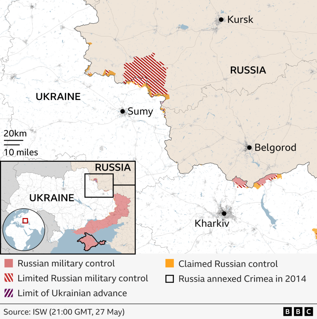 The map shows Russian military advances in eastern Ukraine, with Sumy region marked as an area of limited Russian control, reflecting the latest escalation in the conflict.