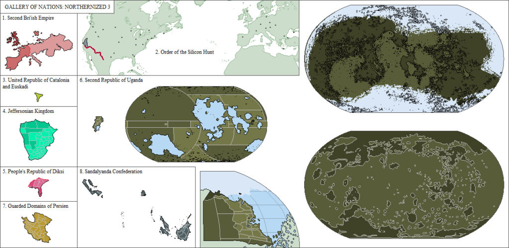 Fictional geopolitical maps from 'Gallery of Nations: Northernized 3' showcase imagined global powers like the Second British Empire and the Order of the Silicon Hunt, offering a speculative view of world politics.