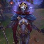 A fantasy warrior with glowing eyes and ornate armor stands ready for battle in a mystical, ruined landscape.